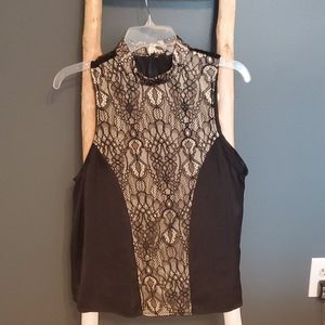 sleeveless black top lace front panel high neckline Large